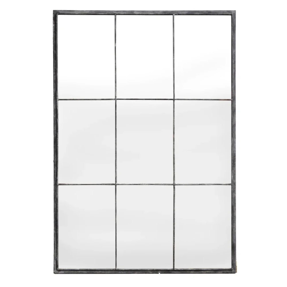 Large rectangular windowpane style wall mirror with a black metal frame in farmhouse style.