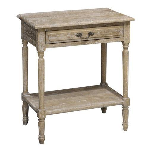 Rustic French country side table with drawer and lower shelf, shabby chic farmhouse style