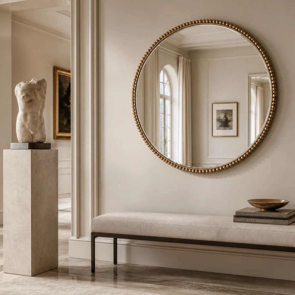 Large Gold Beaded Round Mirror - 50-inch Round
