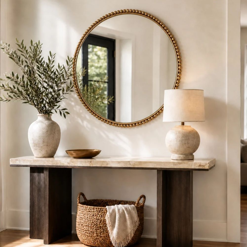 Large Gold Beaded Round Mirror - 50-inch Round