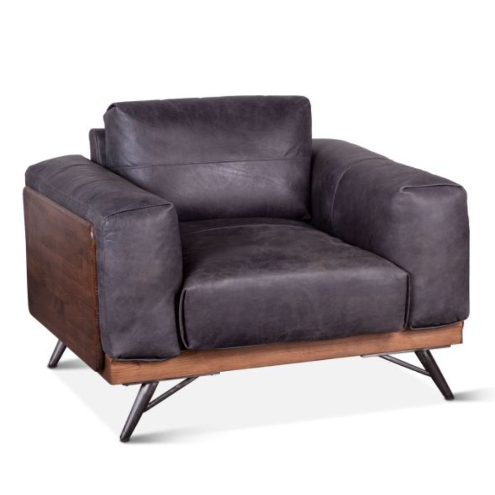 Modern Leather Armchair with Wood Sides