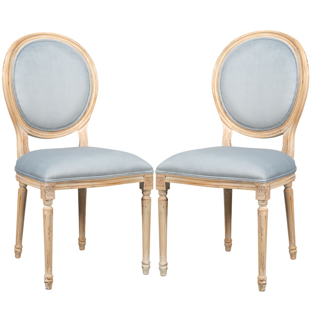 Light Blue Velvet Medallion Dining Chairs - Pair