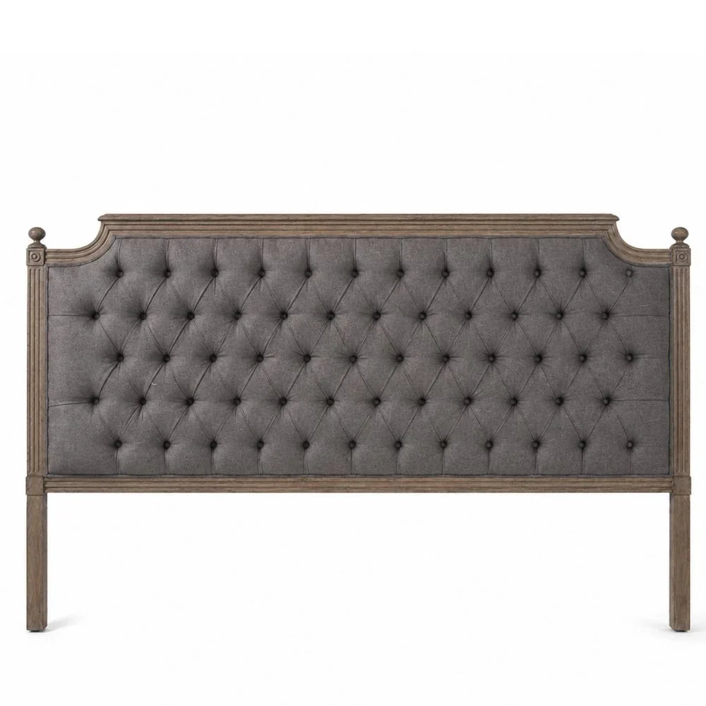 Gray tufted upholstered headboard with wooden frame in French country style