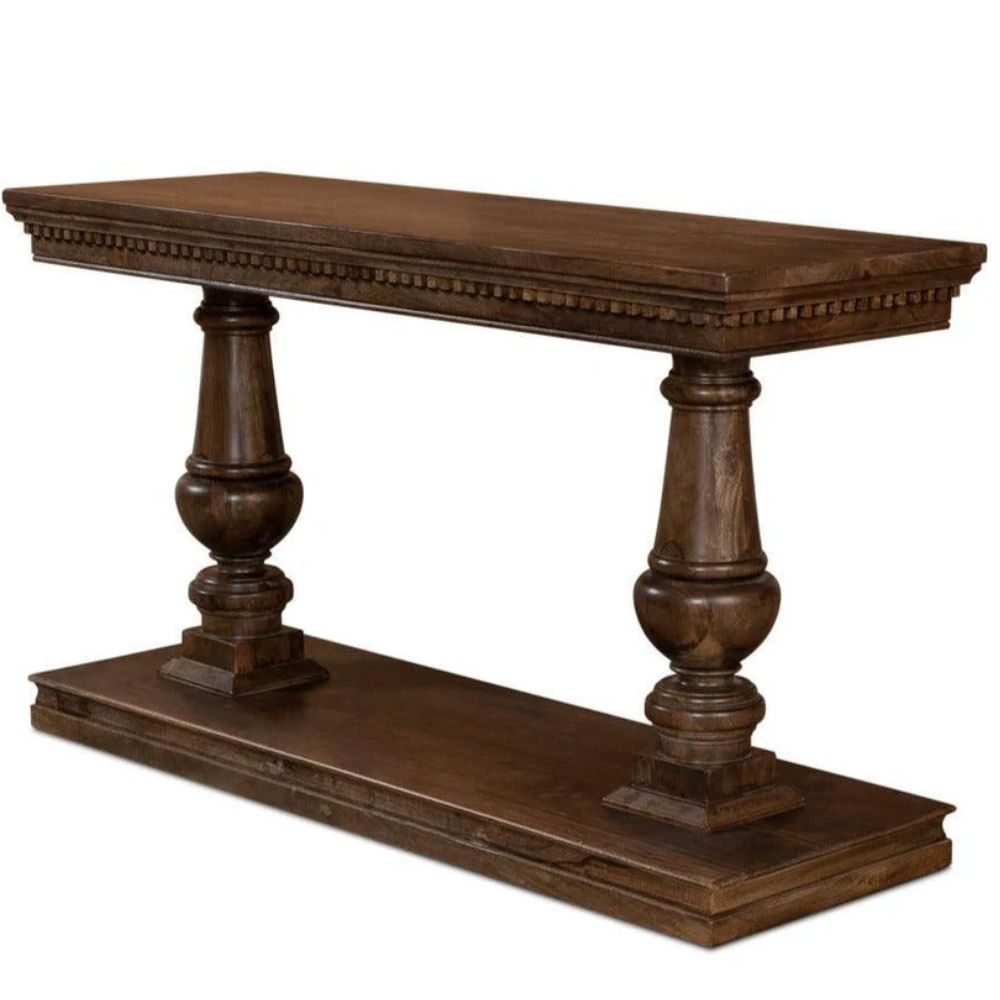 Dark brown wooden farmhouse console table with turned legs and lower storage shelf.