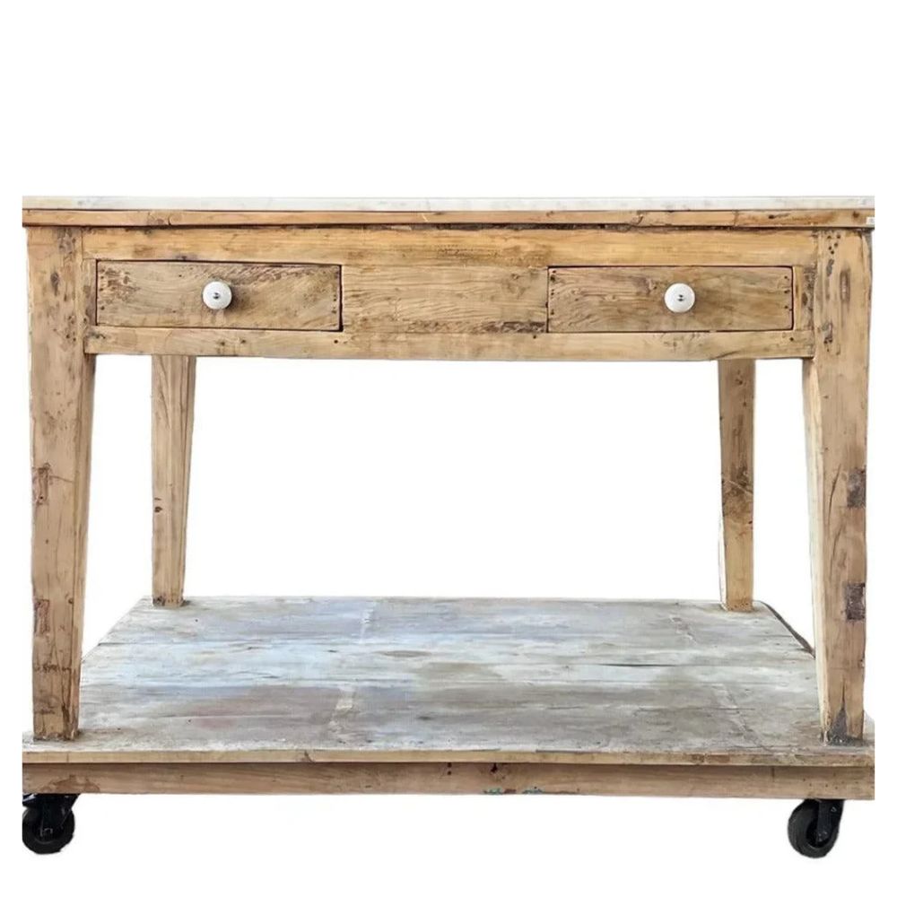 Natural wood farmhouse style console table with two drawers and rolling casters.