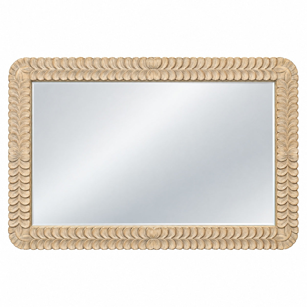Marceline horizontal wood mirror with a hand-carved scalloped petal border, weathered finish, and beveled glass.