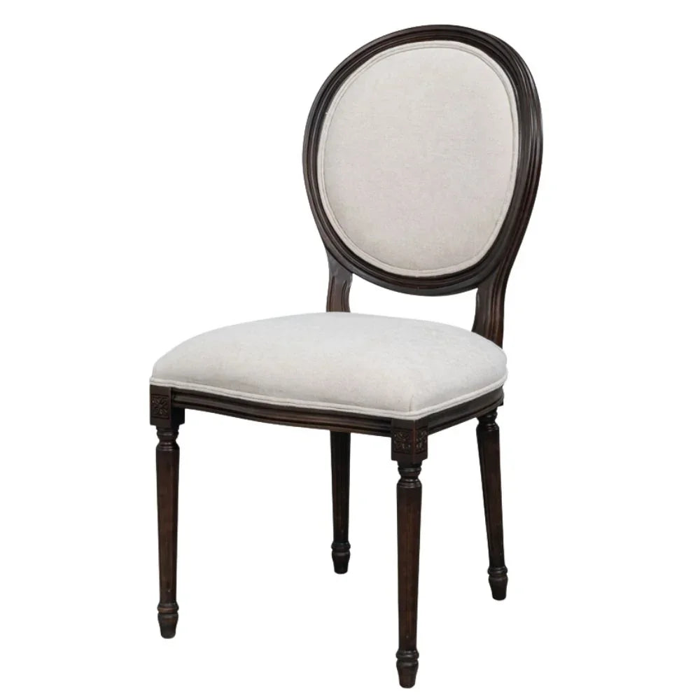 Elegant French country dining chair with dark wood frame and cream upholstered oval back