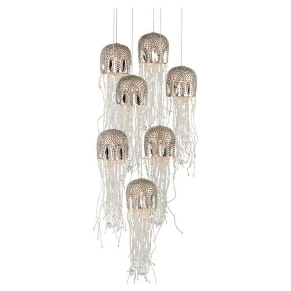 Coastal style jellyfish pendant light fixture with silver mesh bells and white flowing tentacles
