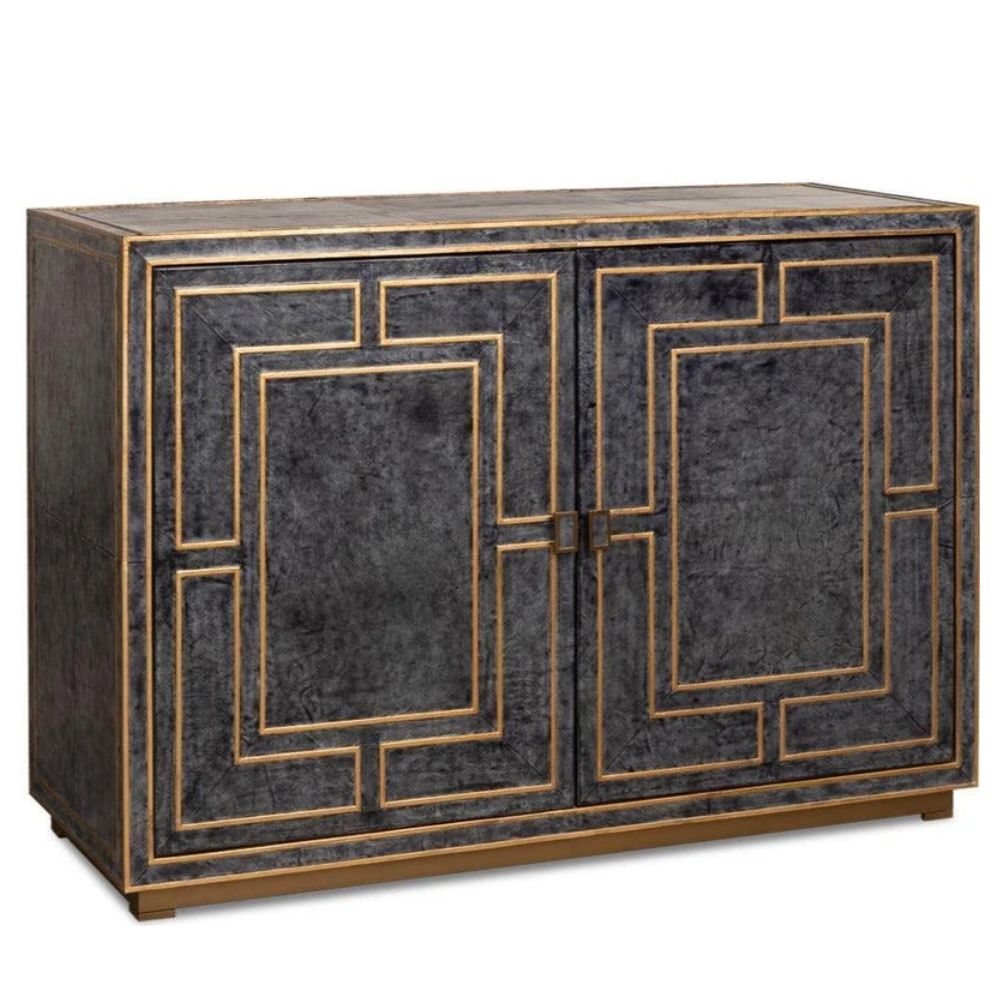 Grey and gold geometric patterned two-door accent cabinet in a contemporary style.