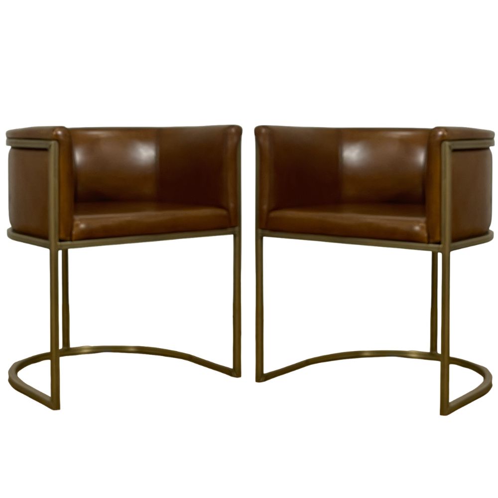 Modern Brown Leather Brass Dining Chair