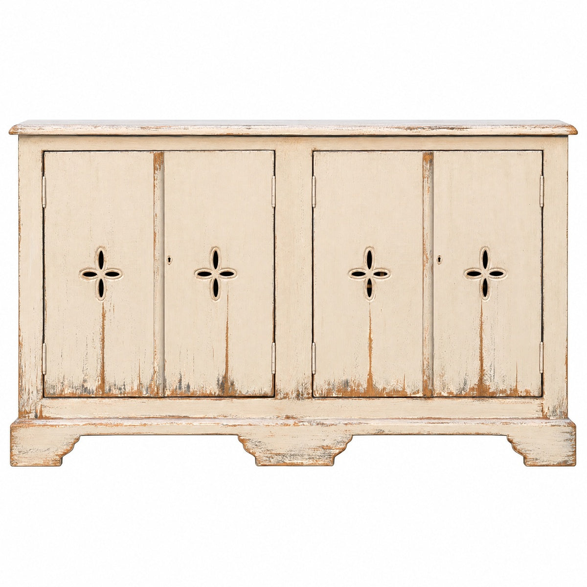 Reclaimed pine sideboard with a timeworn finish, paneled doors, decorative cross cut-outs, and natural wood grain.