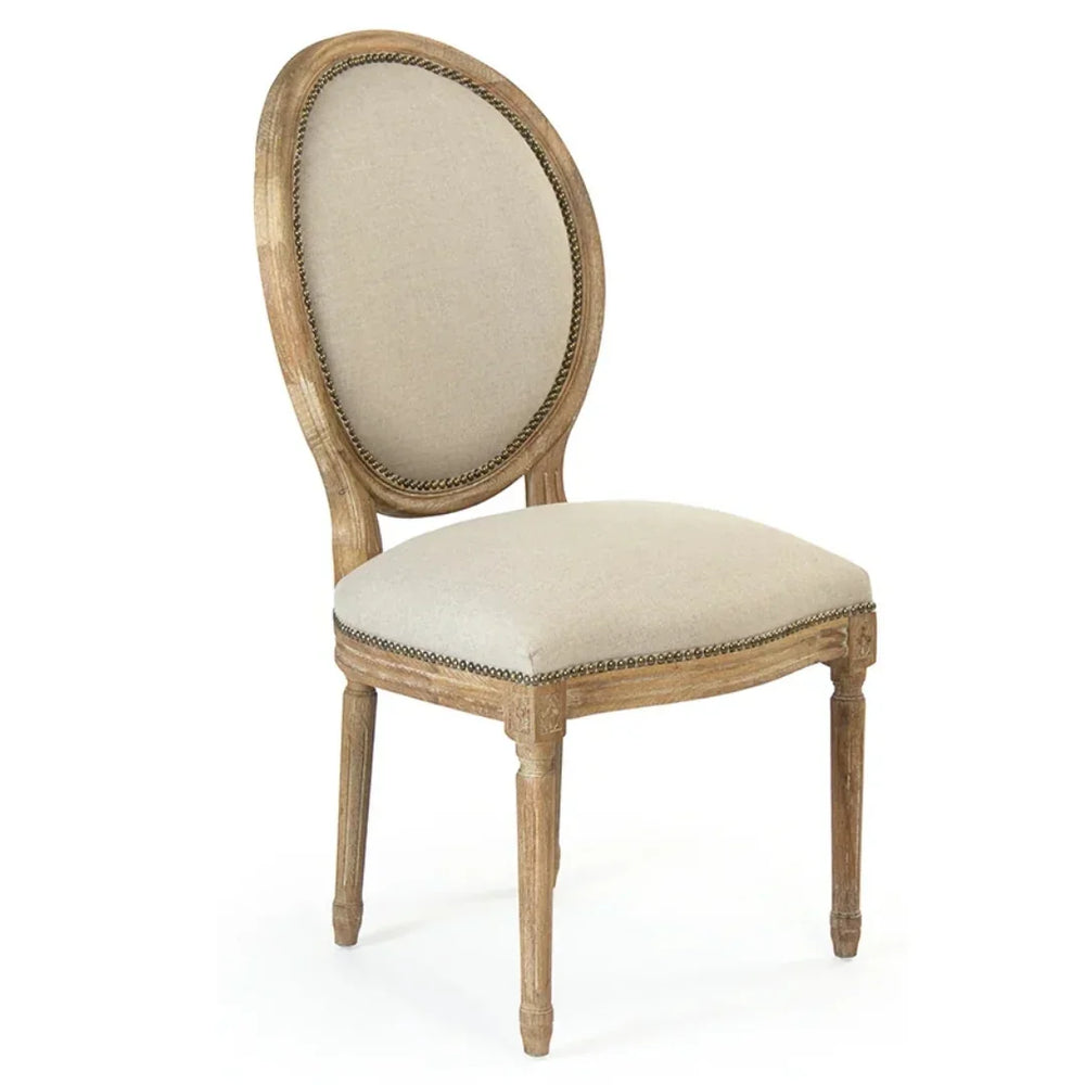 French country oval back dining chair in beige linen with natural wood frame