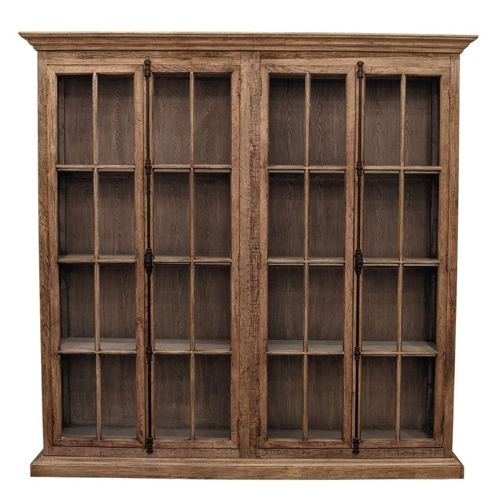 Rustic brown wood farmhouse bookcase with glass paneled doors and multiple shelves.