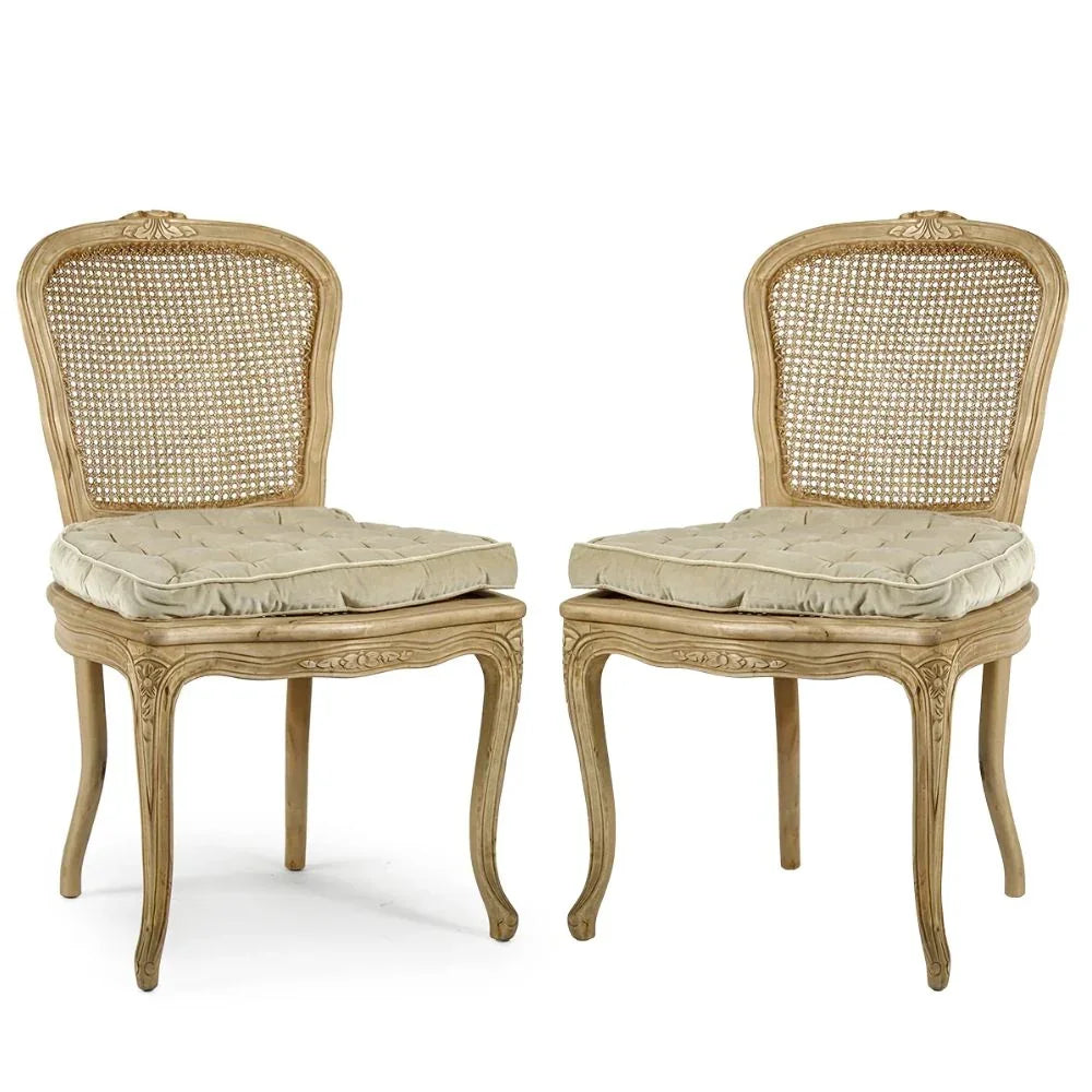 French country cane back chairs with tufted cushions, shabby chic dining seating