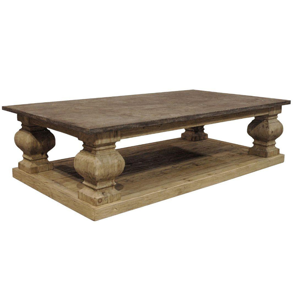 Rustic farmhouse wood coffee table with chunky turned legs and a lower shelf in natural finish.
