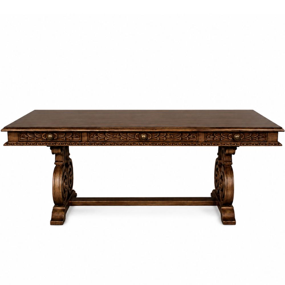 Ornate Wood Stained Dining Table with Drawers