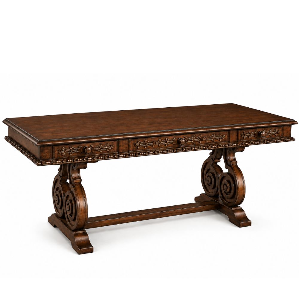 Ornate Wood Stained Dining Table with Drawers