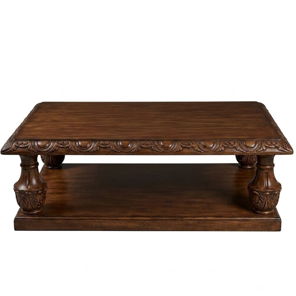 Ornately Carved Wood Stained Coffee Table