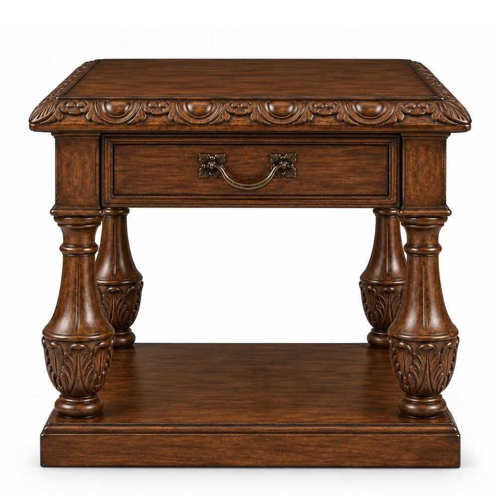 A dark brown wooden end table with ornate carved details on the apron, legs, and lower shelf, featuring a single drawer with a brass pull handle, set against a plain white background.