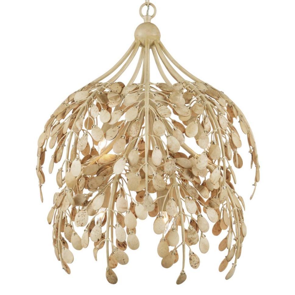 Natural boho chandelier with wooden leaf details for coastal or farmhouse decor