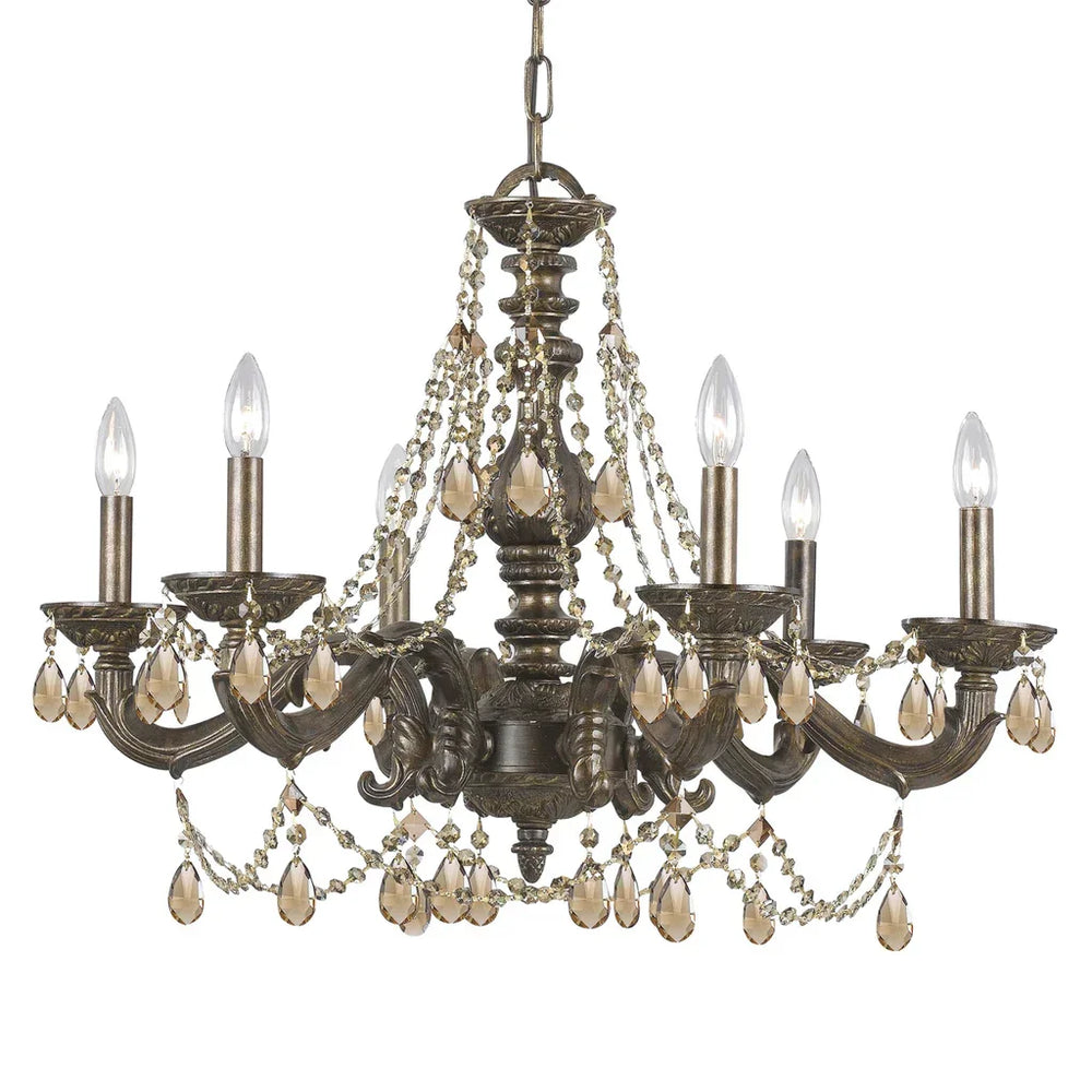 Antique bronze 6-light crystal chandelier in French country shabby chic style.
