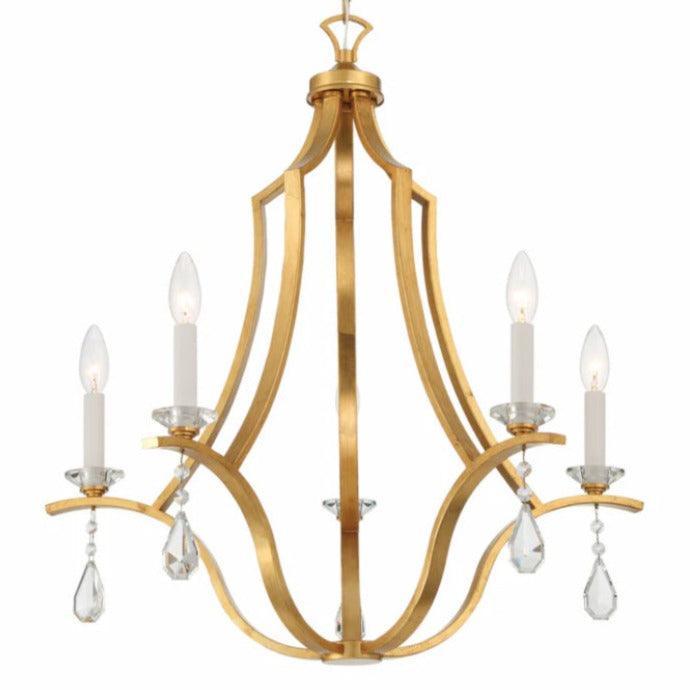 Gold modern chandelier with crystal droplets and candle-style lights in a French country style.