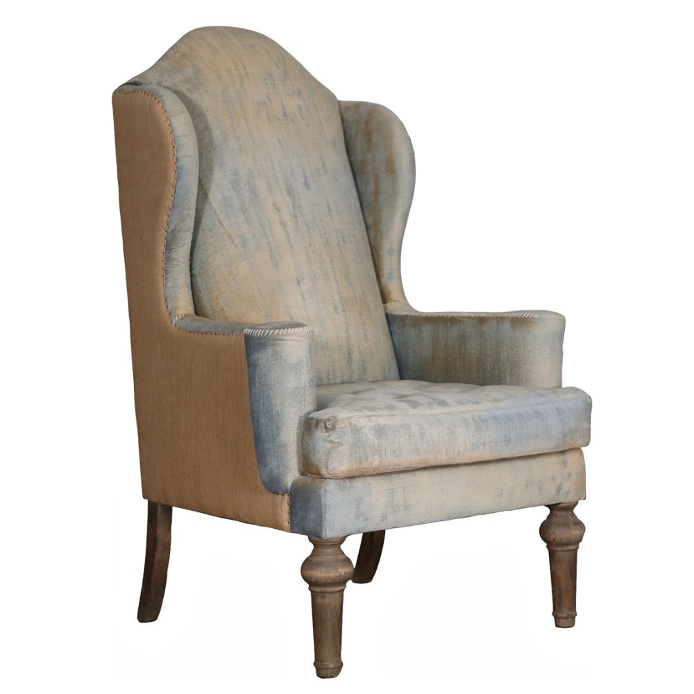 Plush Blue Velvet and Burlap Accent Chair