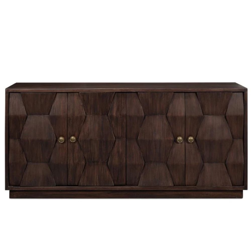 Dark brown wooden sideboard with geometric carved doors in a modern style.