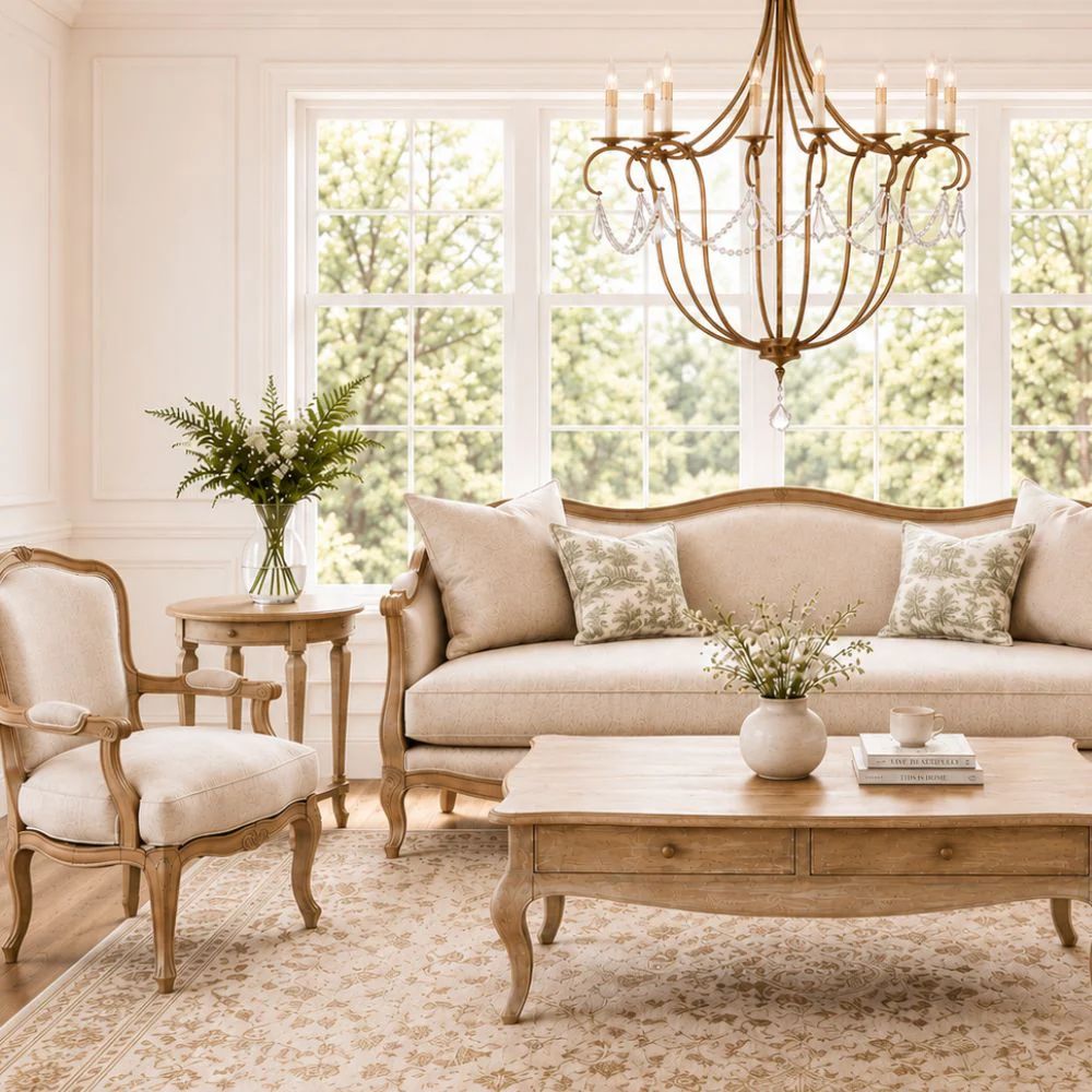 Provence-style living room with cream upholstery, carved wood furniture, floral pillows, and a bronze crystal chandelier.