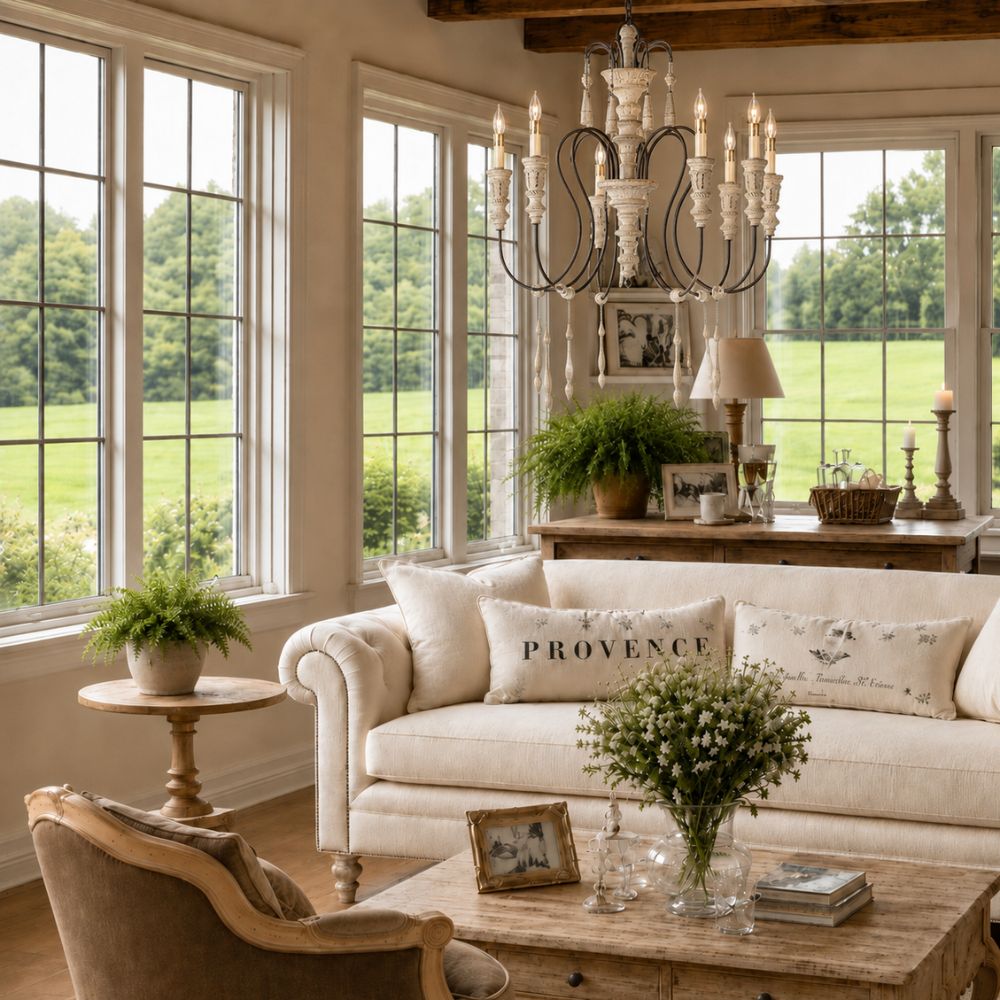 rovence style living room with cream French roll arm sofa, rustic wood coffee table, chandelier, and garden views