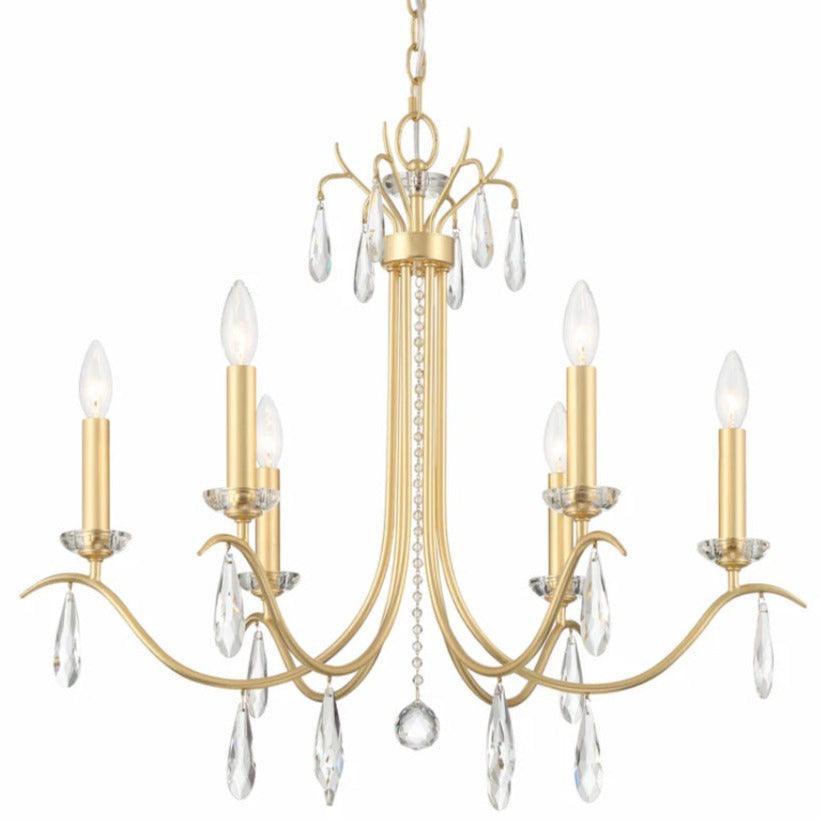 Gold 6-light crystal chandelier in French country style with teardrop accents.