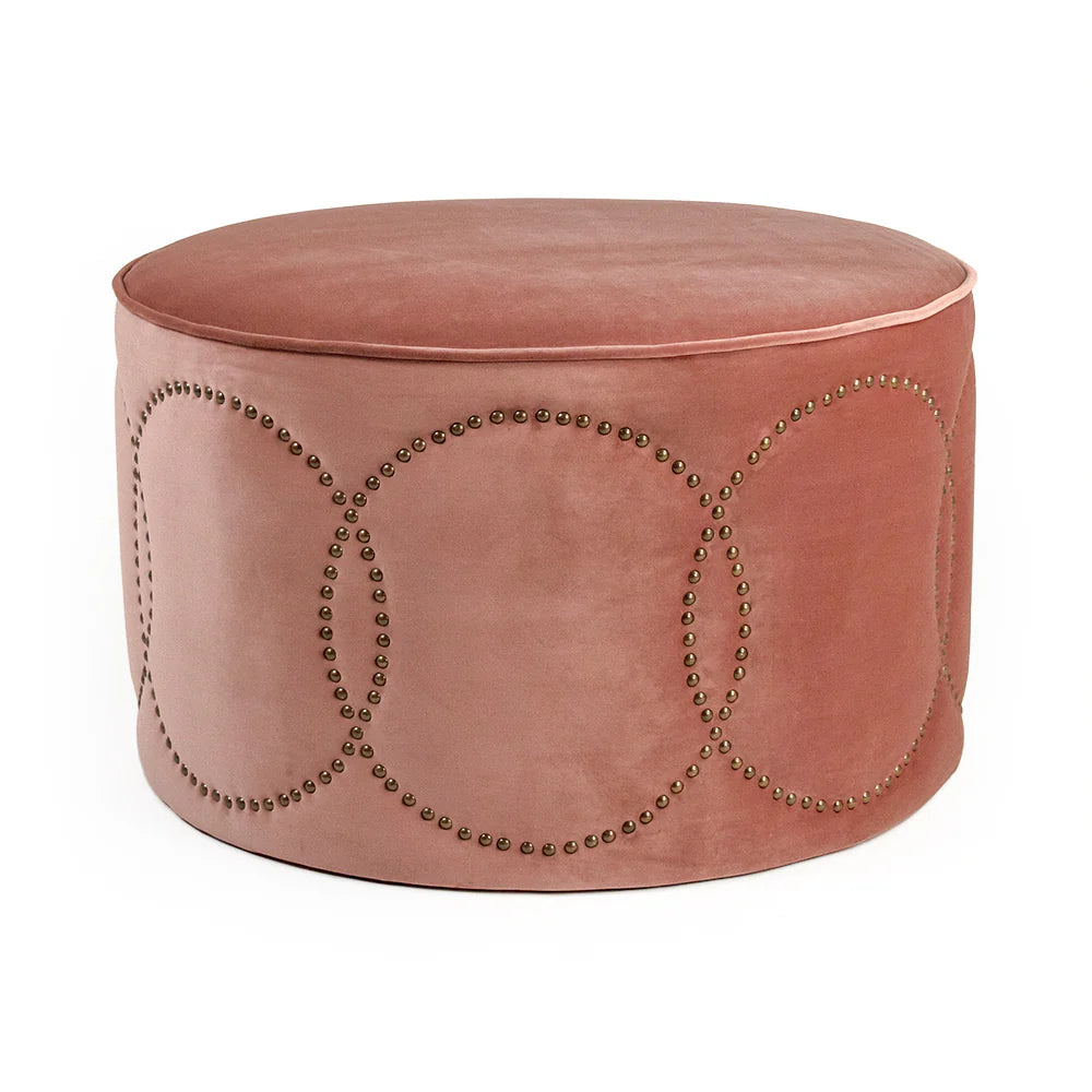 Rose Velvet Nail Studded Round Ottoman