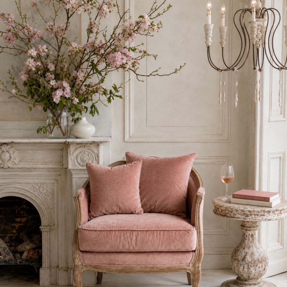 Rose shabby chic sitting room with a rose velvet French accent chair, distressed off-white round accent table, and cream wood and iron chandelier.
