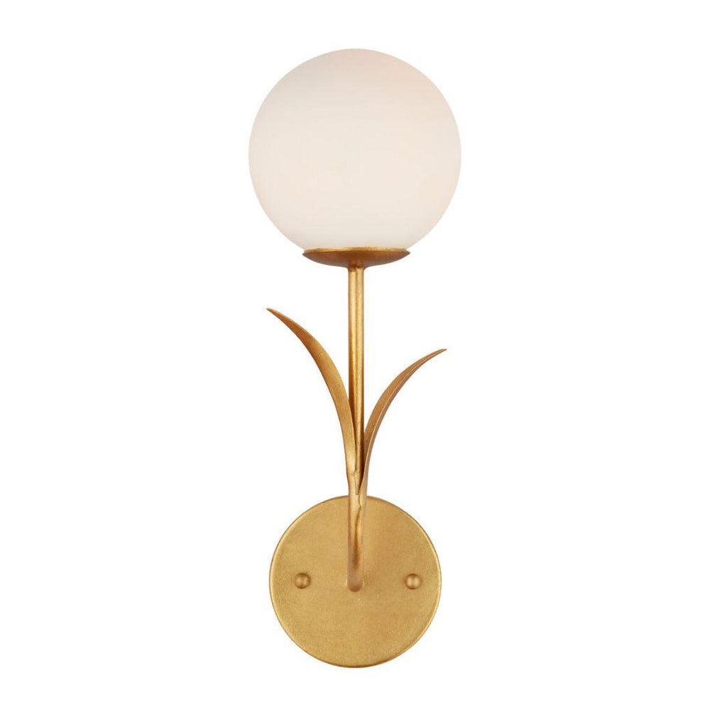Gold leaf-shaped wall sconce with a white frosted globe light in a natural boho style.