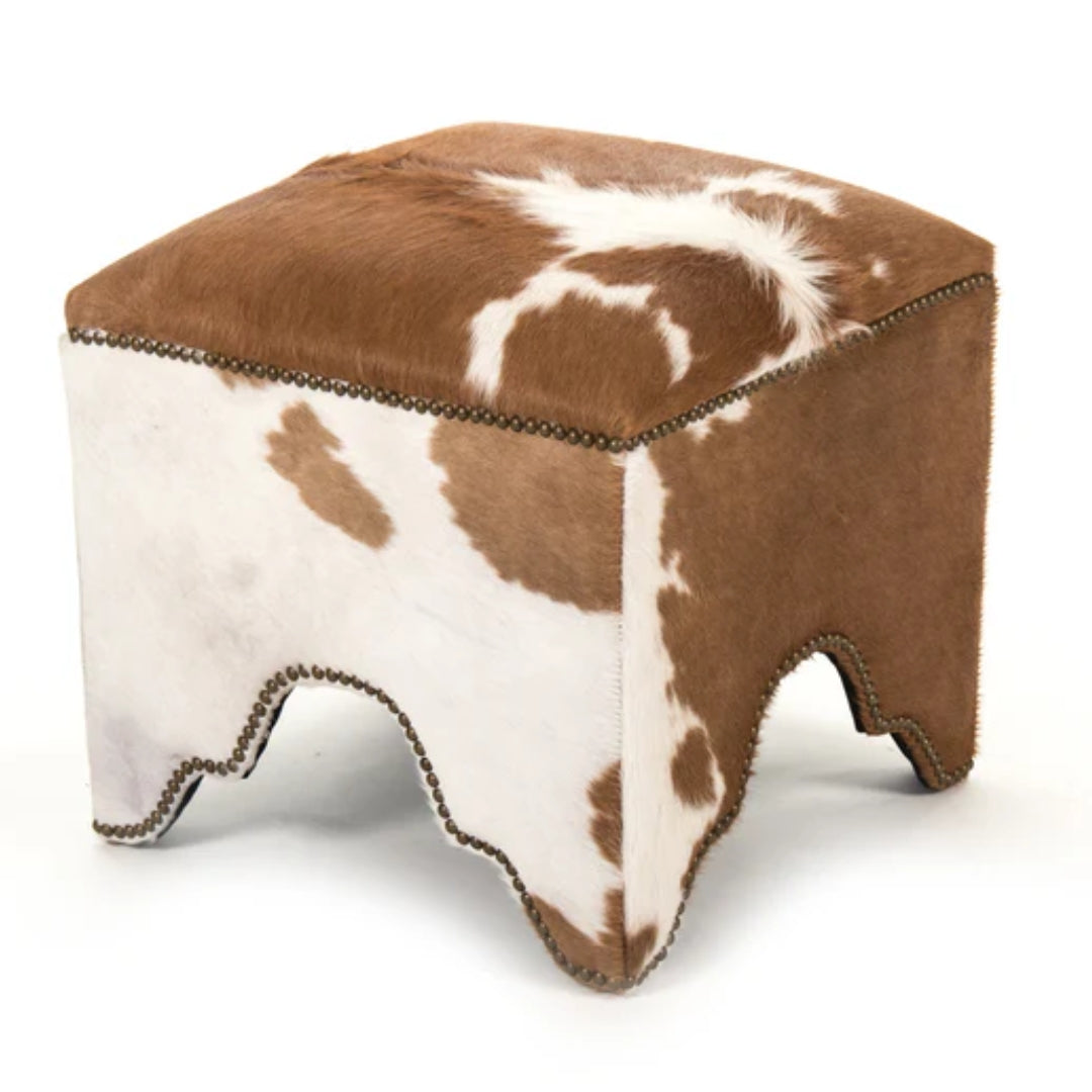 Brazilian Cowhide Scalloped Ottoman Stool in Brown & White