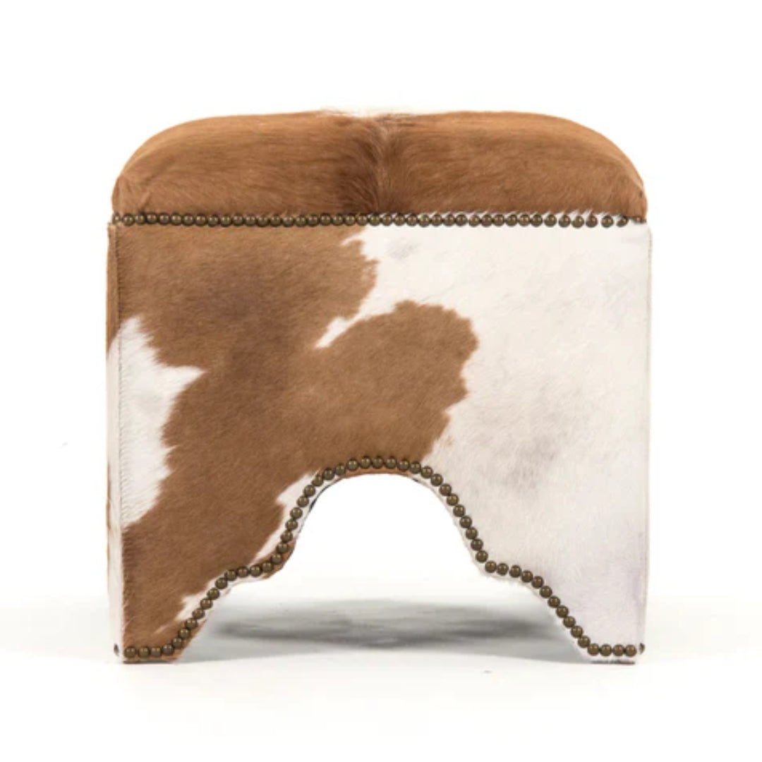 Brazilian Cowhide Scalloped Ottoman Stool in Brown & White