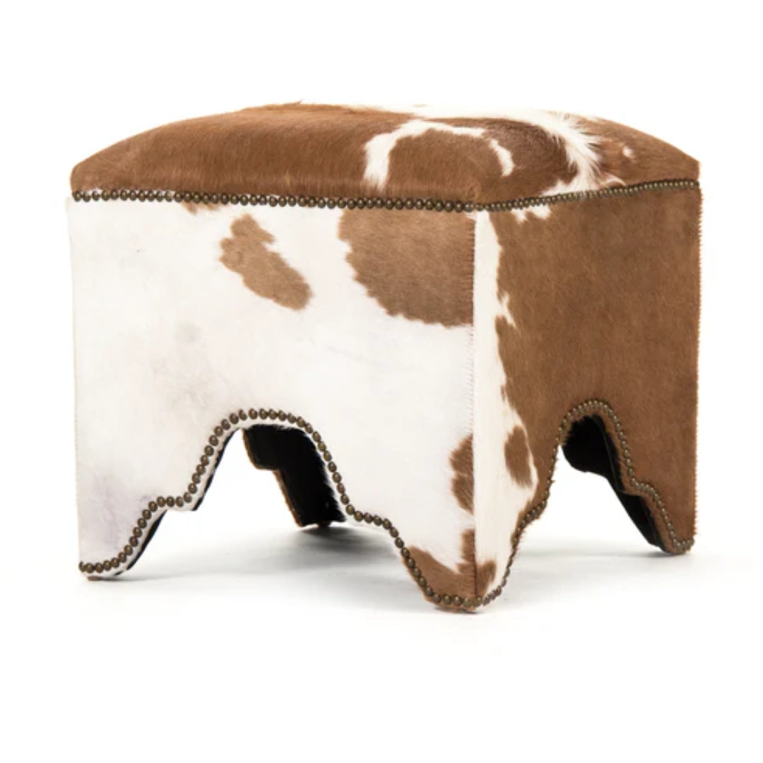 Brazilian Cowhide Scalloped Ottoman Stool in Brown & White