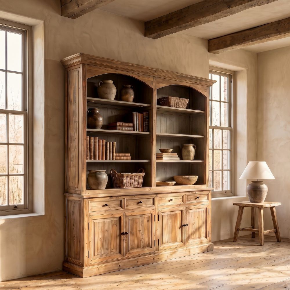 Rustic Double Arched Reclaimed Wood Bookcase Hutch