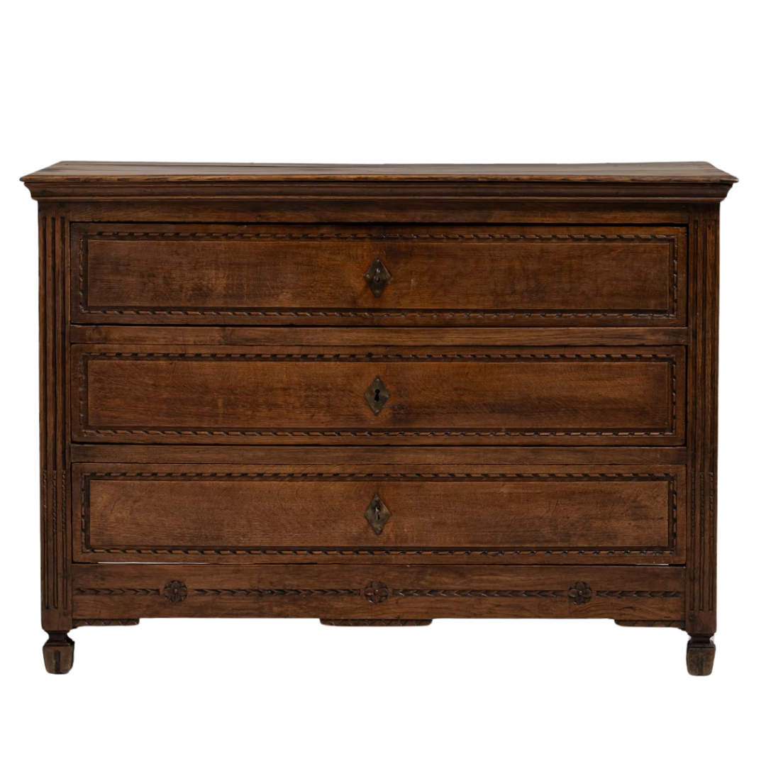 Rustic European Carved Wood Three Drawer Chest, Circa 1860