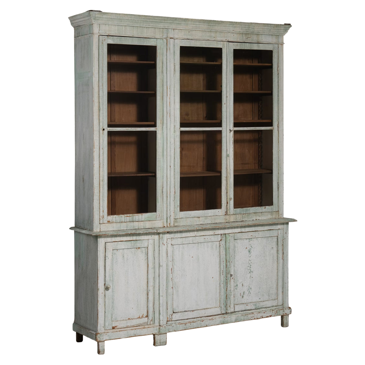 French Country Green Washed Glass Display Cabinet, Circa 1920