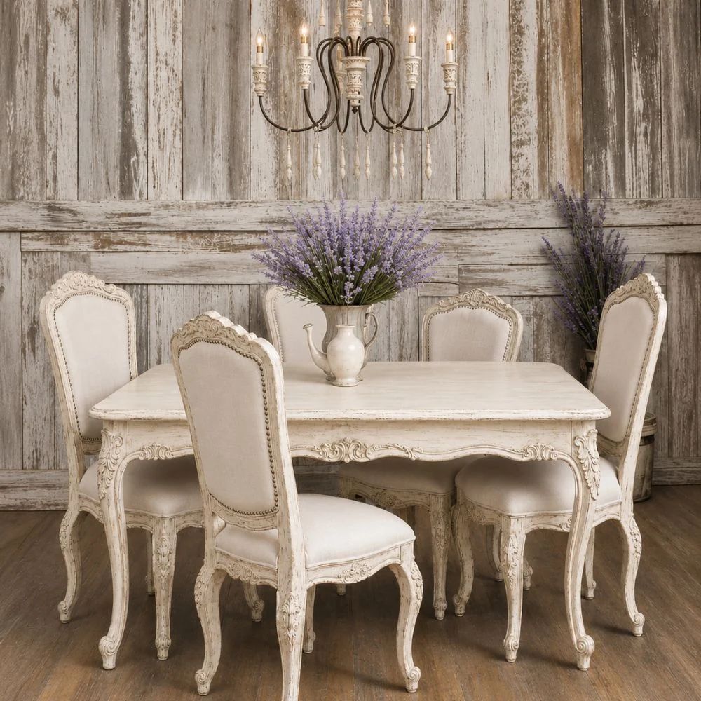 Rustic French shabby chic dining room with distressed cream dining table, upholstered carved chairs, lavender arrangement, and weathered wood wall panels