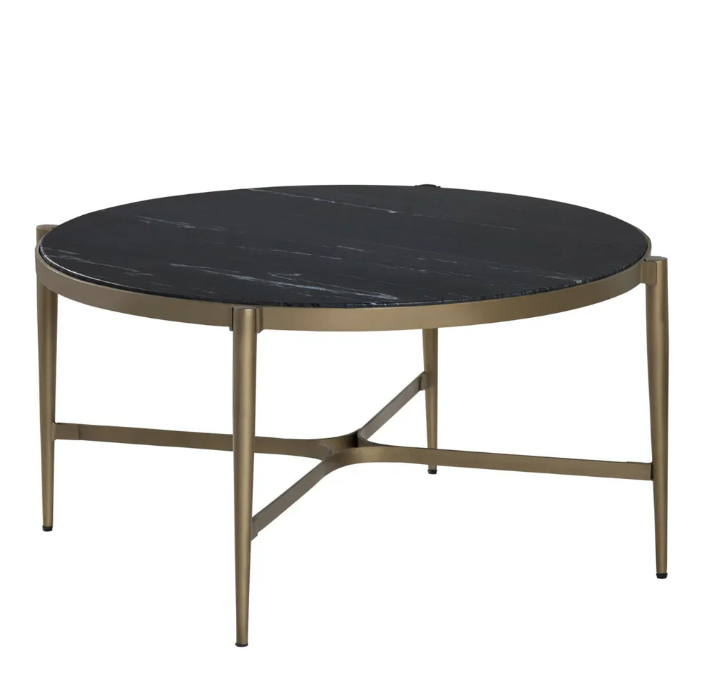 Round black marble coffee table with gold metal legs, modern farmhouse style