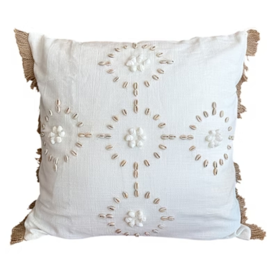 Seashell Accent White Linen Pillow