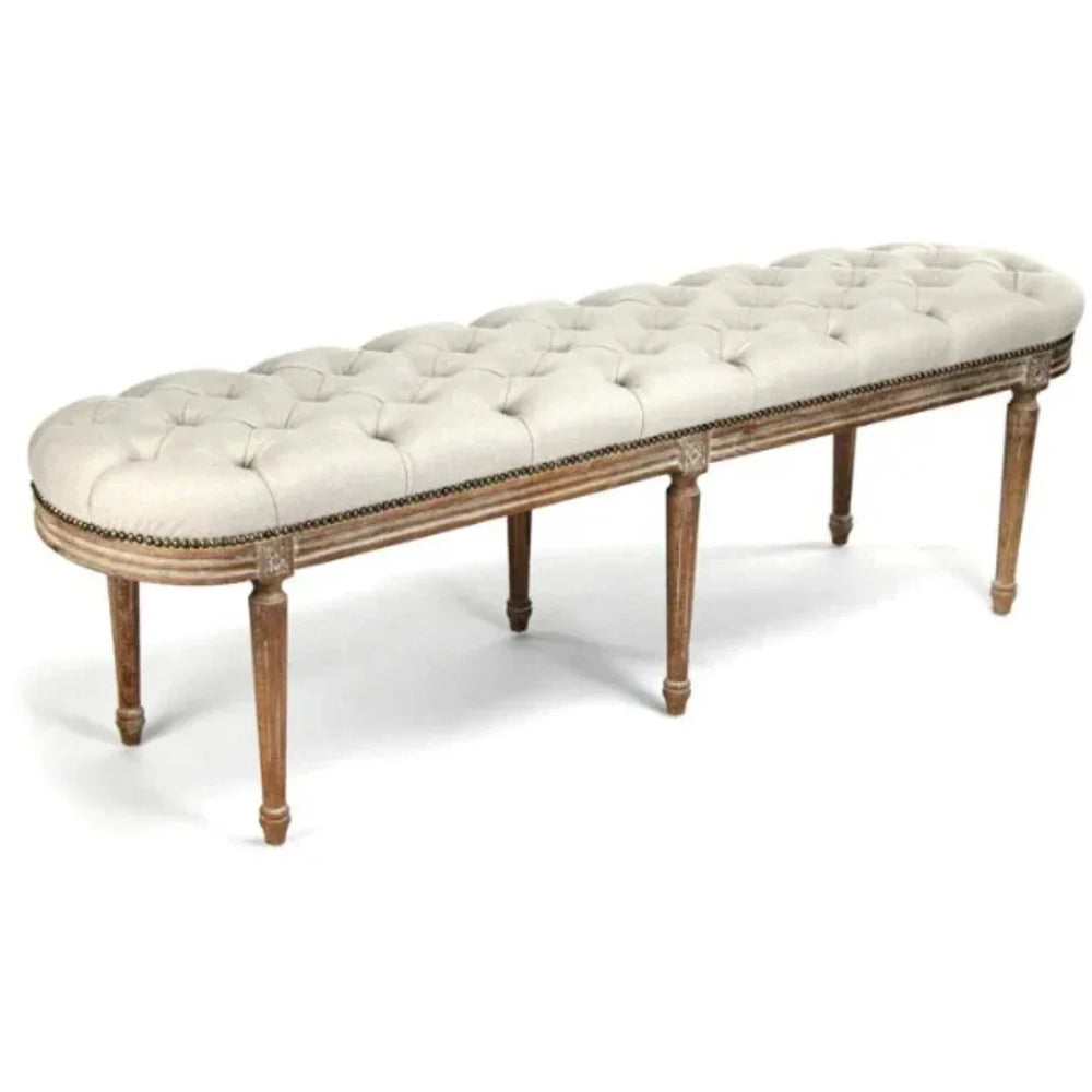 French country tufted bench with distressed wood legs and nailhead trim, shabby chic style seating