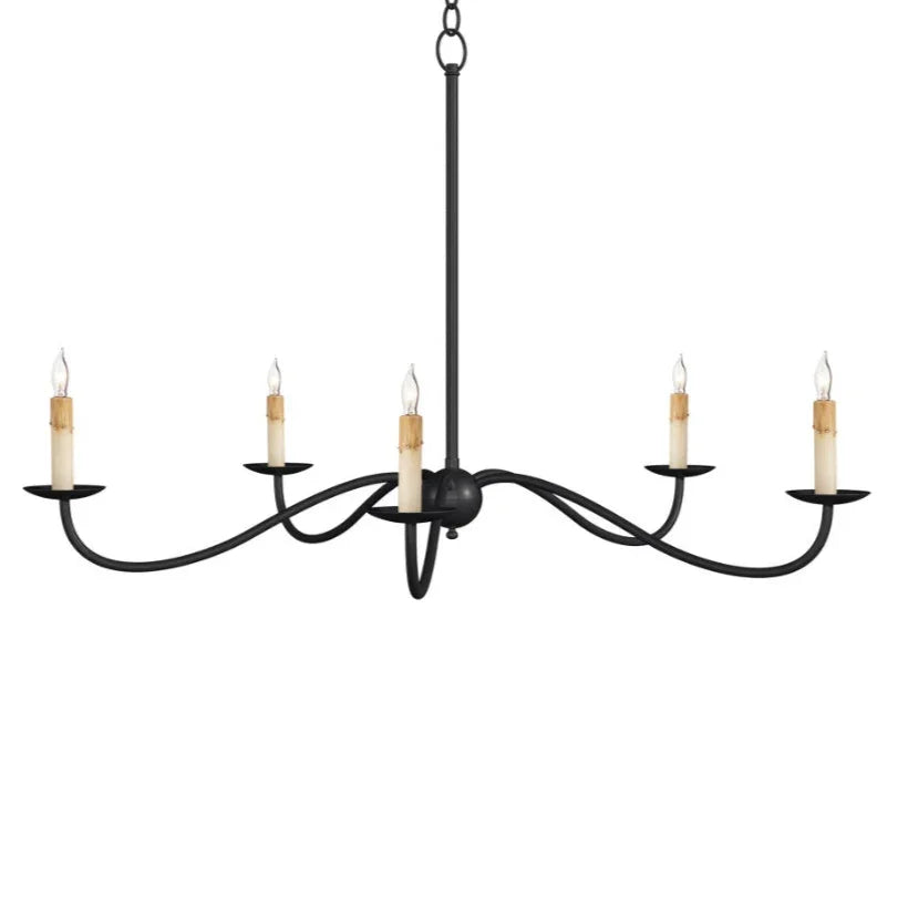 Black wrought iron 5-light candle style chandelier in farmhouse style.