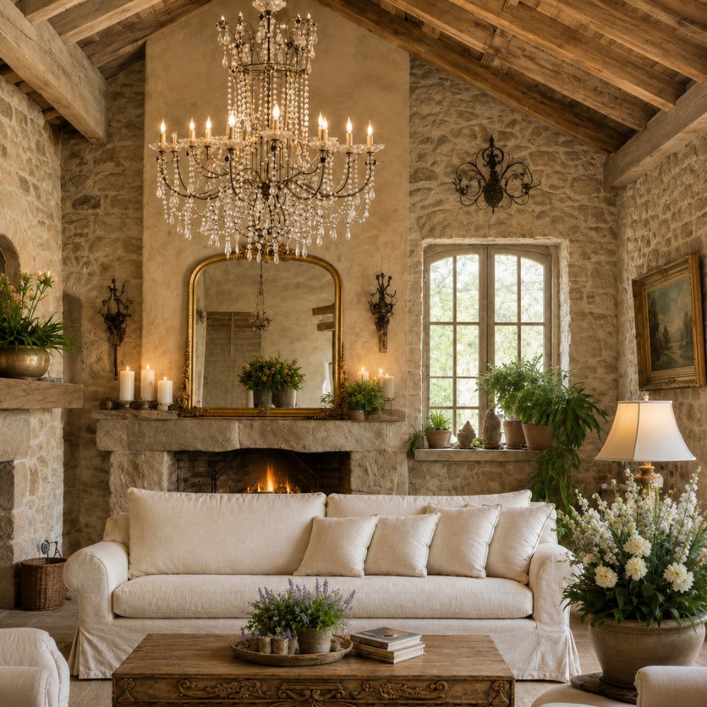 Rustic French Country Stone Living Room with Slipcover Sofa