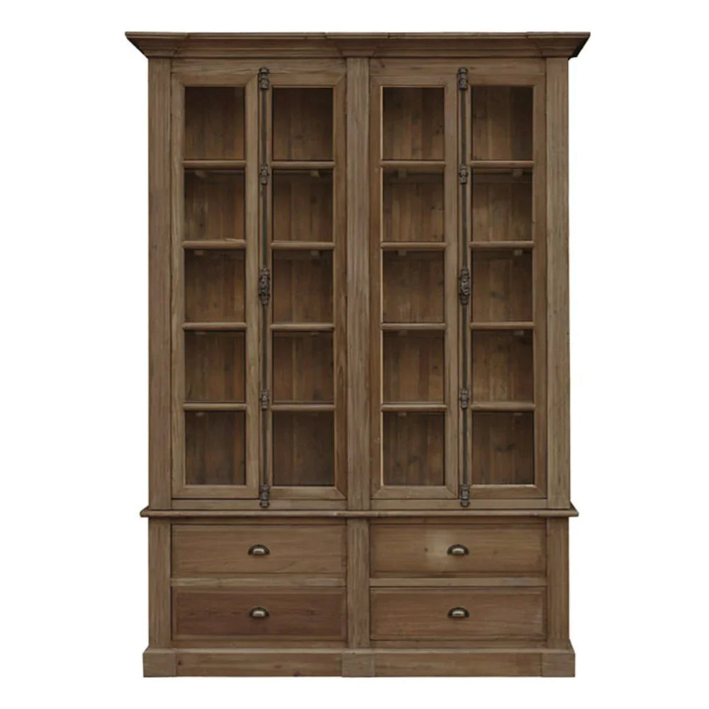 Rustic brown farmhouse wood hutch with glass display cabinets and bottom drawers.
