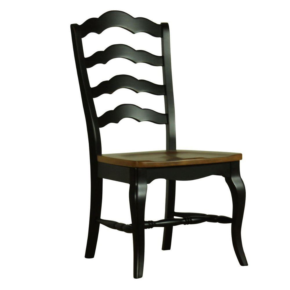 Black ladderback chair with wooden seat, farmhouse style