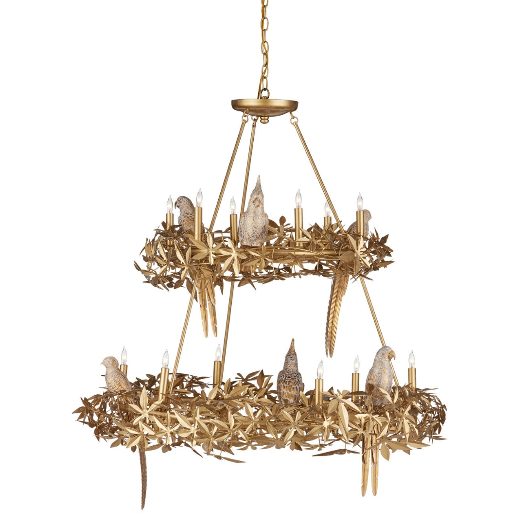 Swedish Gold Botanical Bird Chandelier