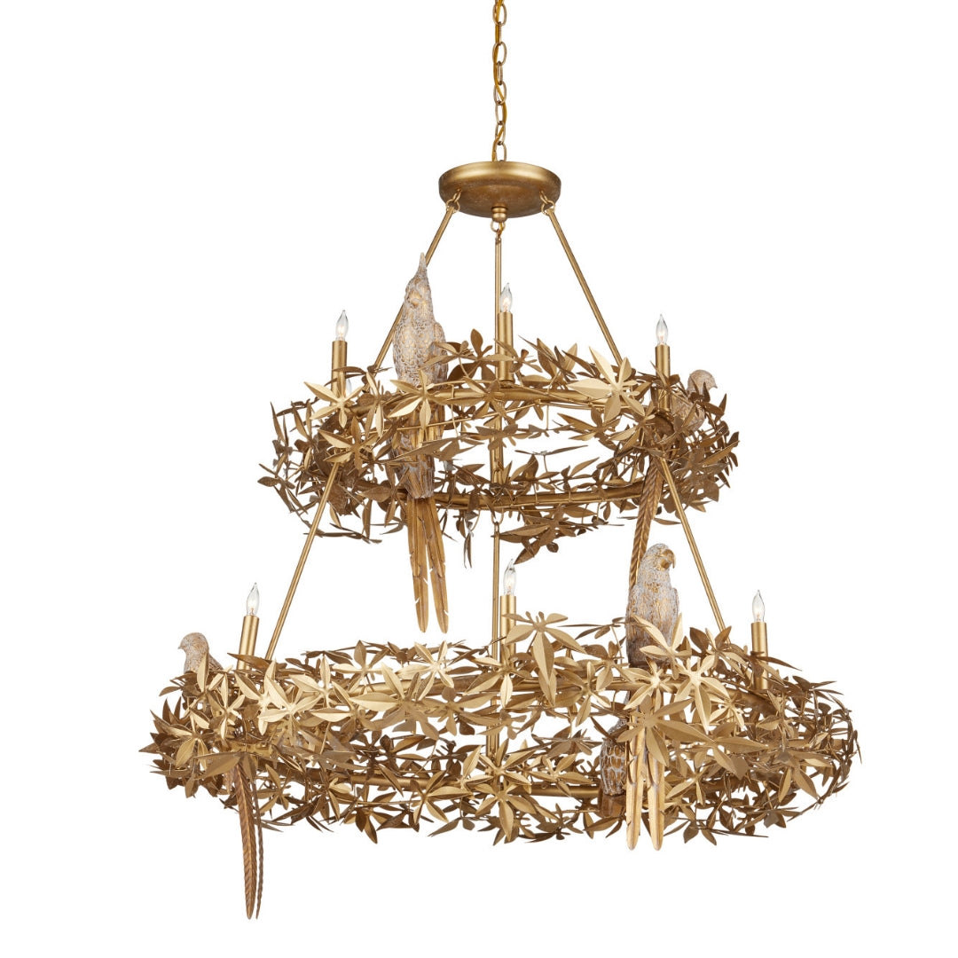 Swedish Gold Botanical Bird Chandelier